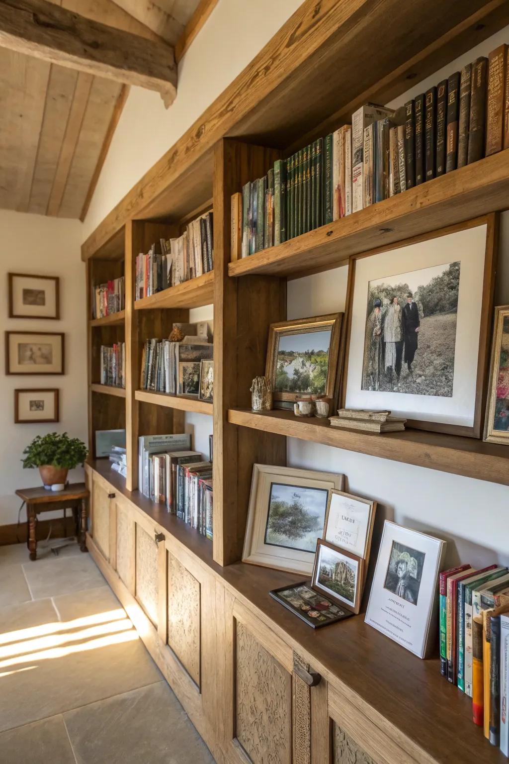 Art and family photos among books add your personal touch to the library.