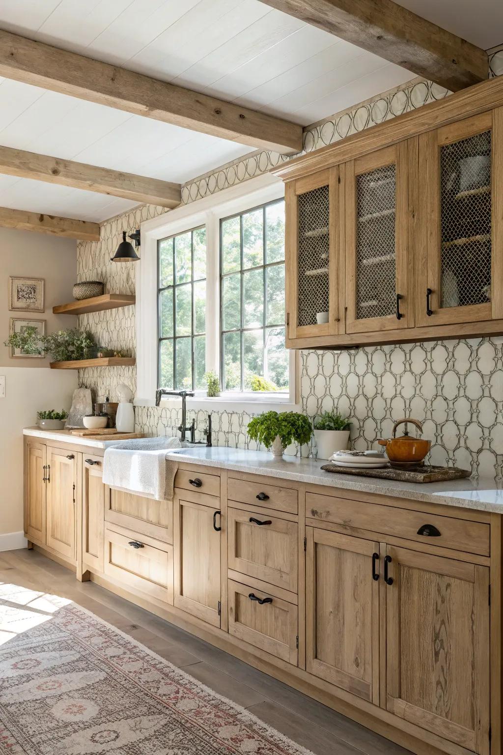 Textured splashbacks enhance the visual intrigue of a cooking space featuring pale timber cabinetry.