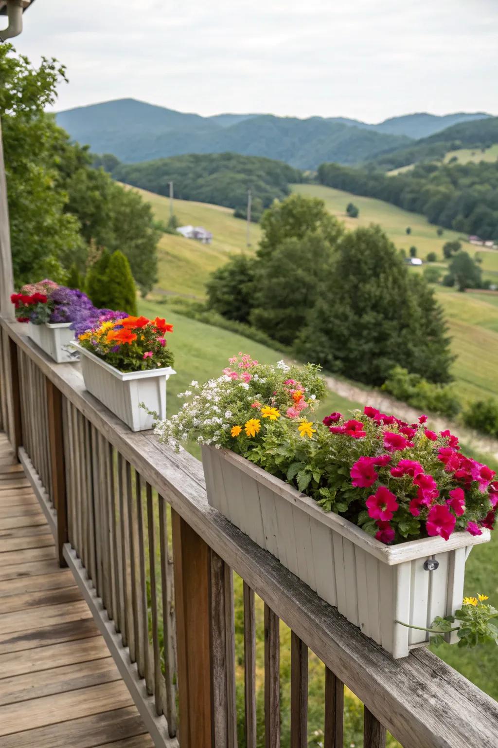 Blooming beauty: Grower containers on deck railing.
