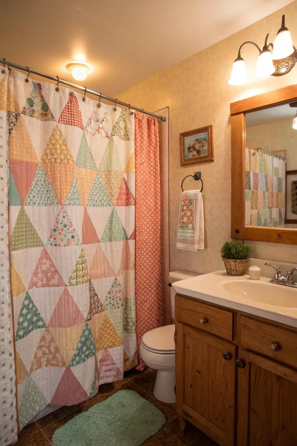 A cozy bathroom with a quilt-like patterned shower drape radiating warmth.