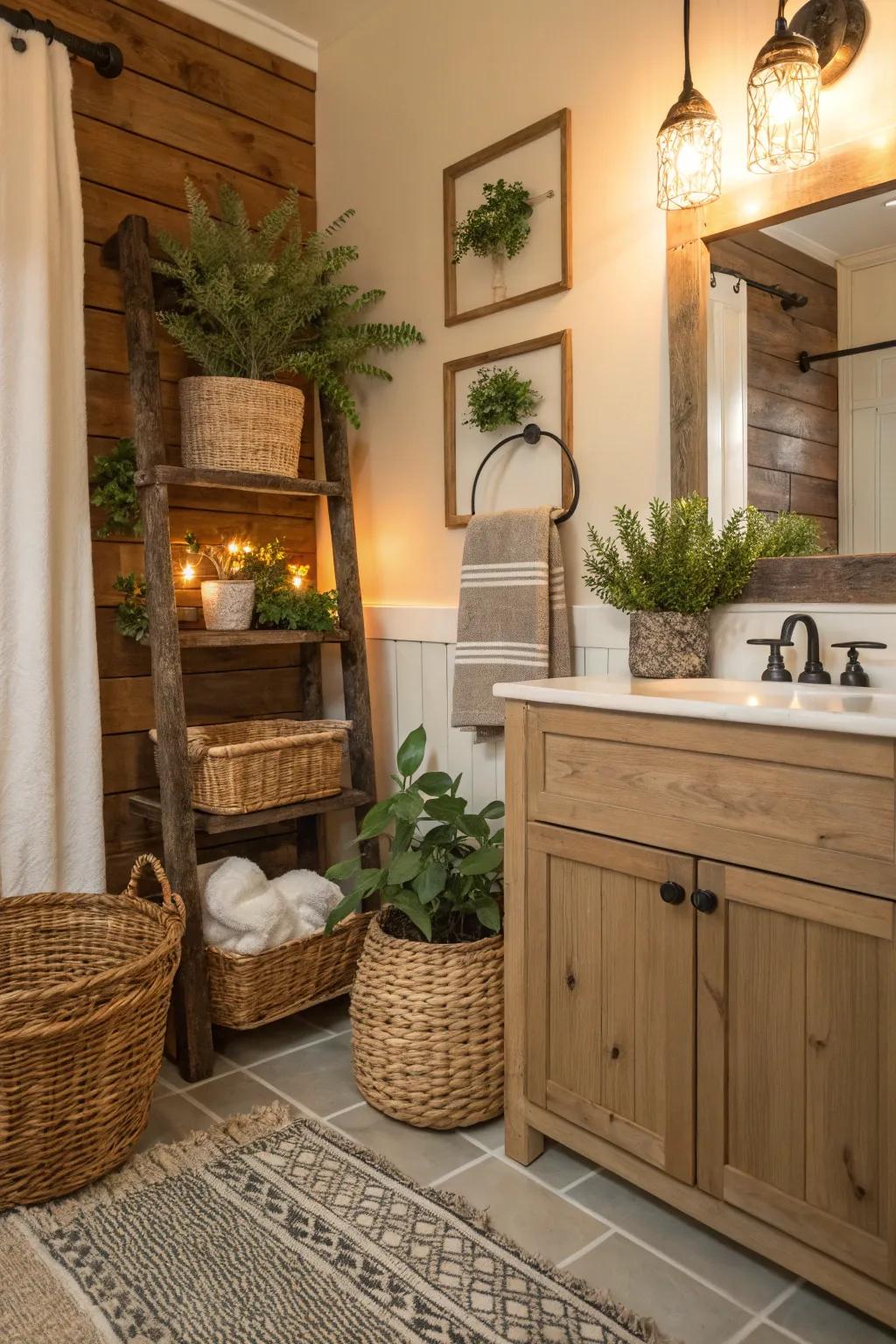 Farmhouse accessories infuse warmth and personality into this bathroom.