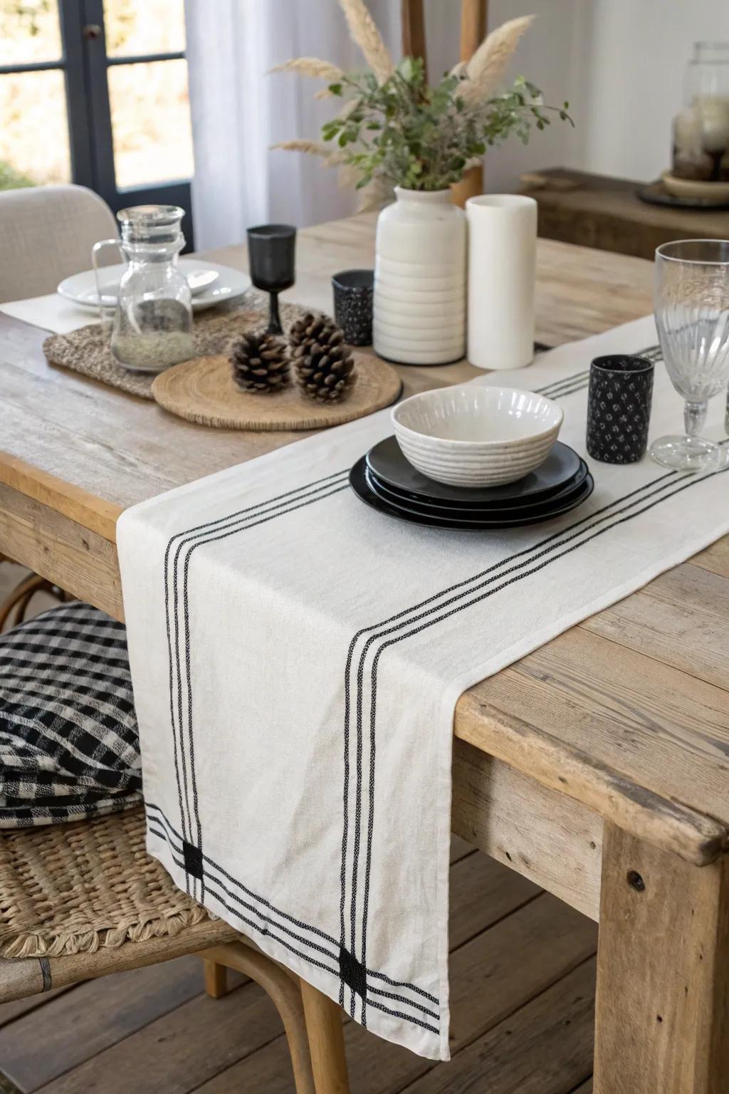Monochrome runners provide a polished, modern farmhouse look.