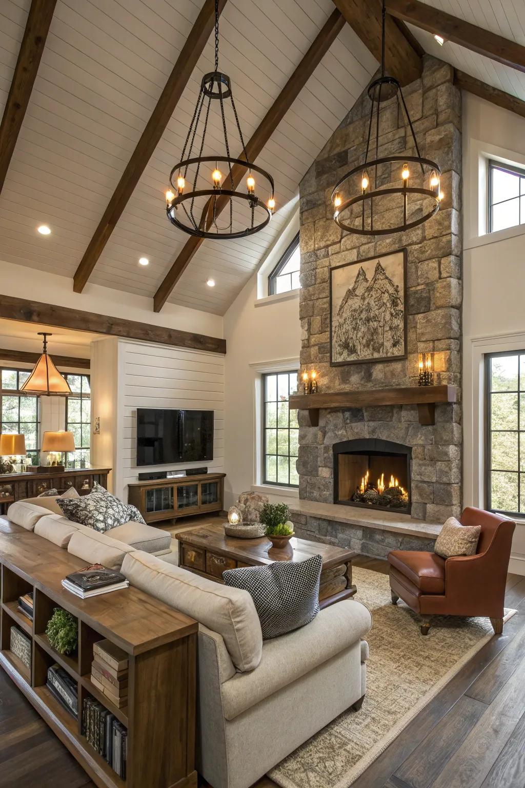 Industrial lighting options in a modern rustic homestead living space.