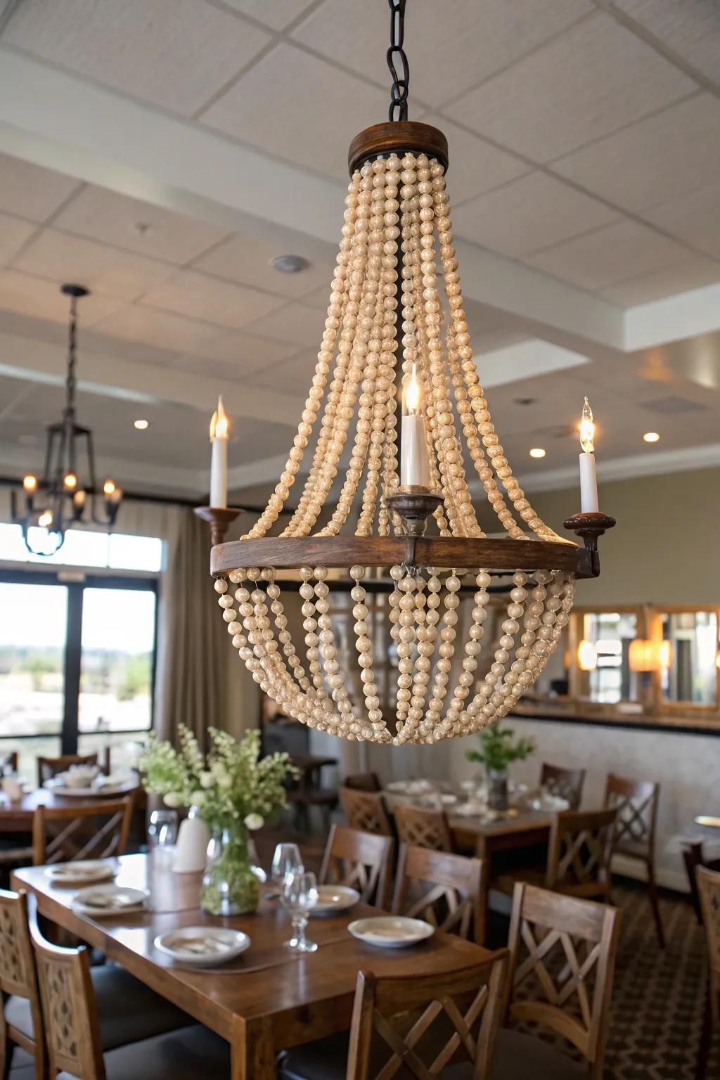 Chandelier elegantly adorned with timber-sphere strand.