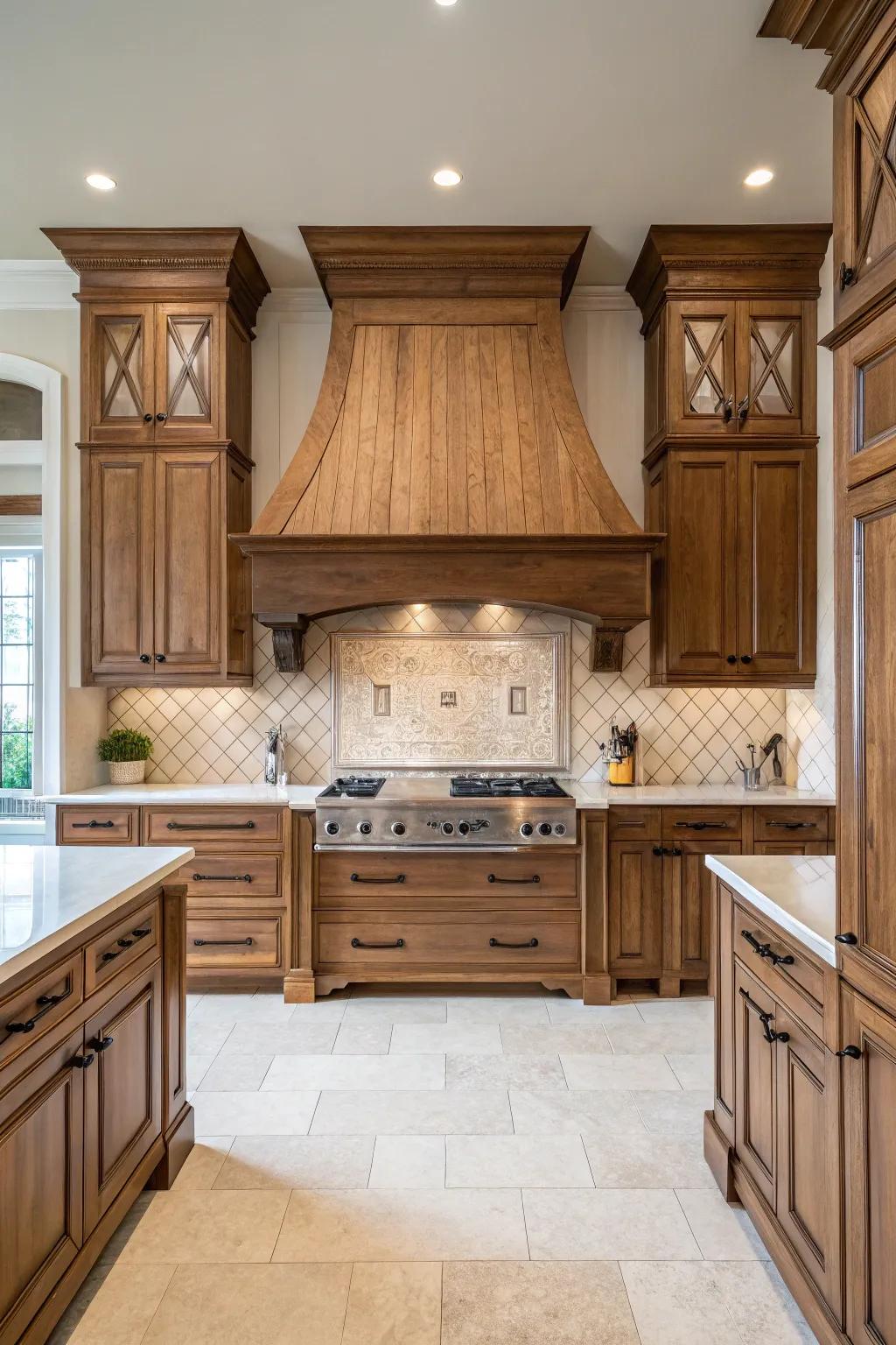 A balanced design on a range hood introduces harmony to the kitchen.