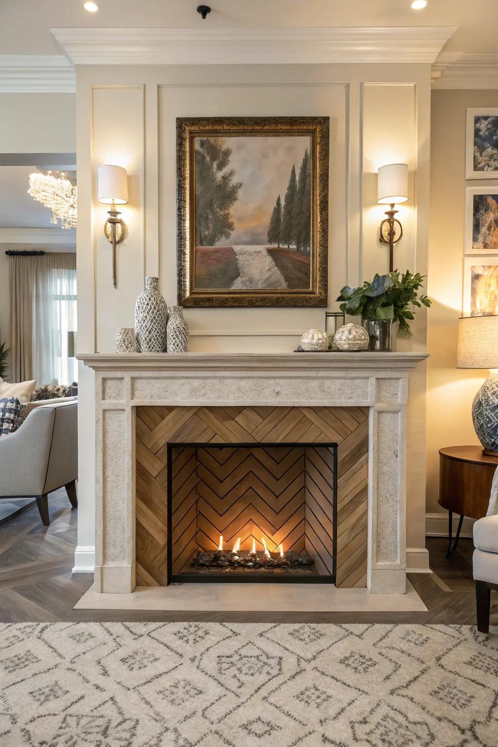 An artificial fireplace showcasing an eye-catching diagonal patterned interior hearth.