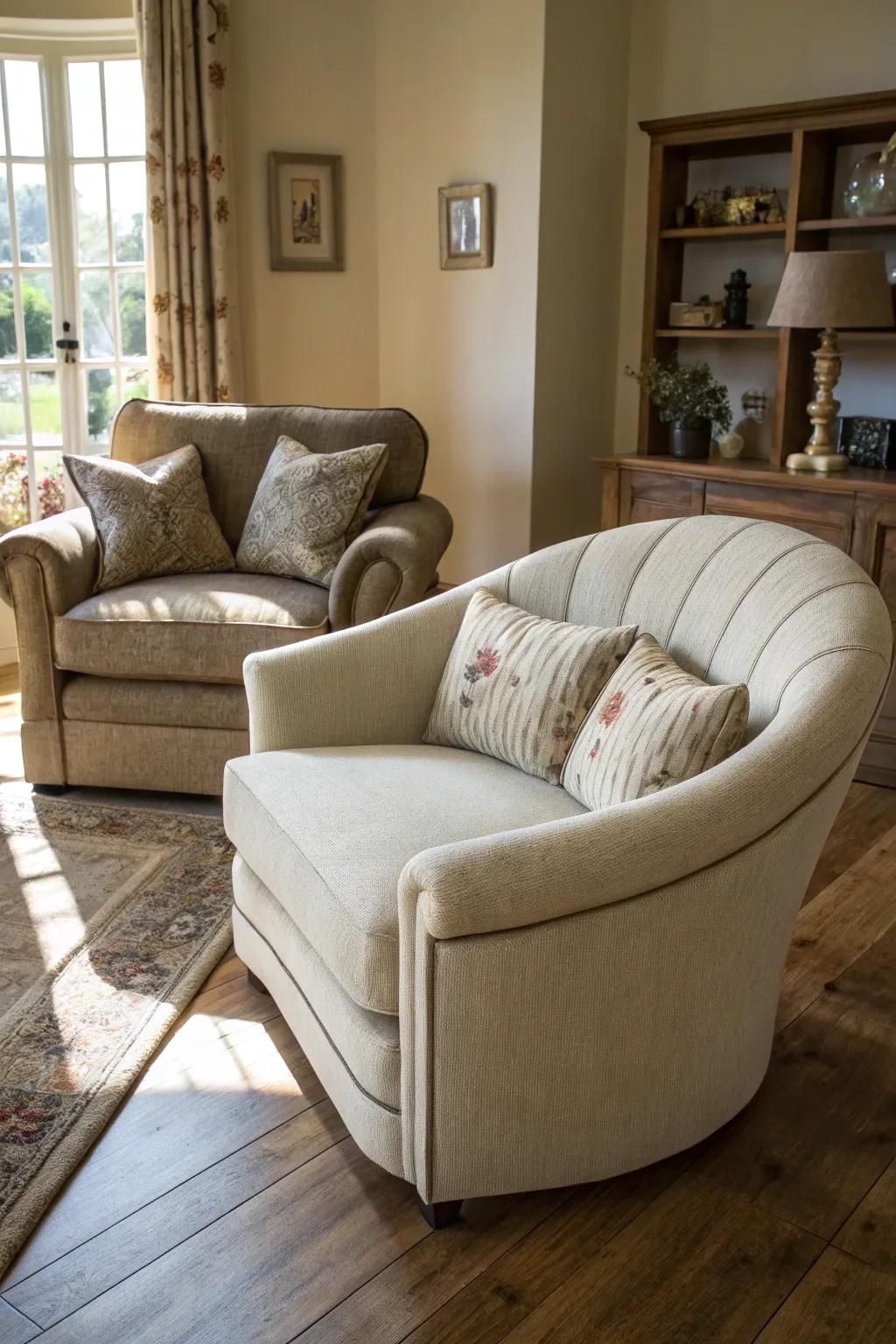 A gracefully curved sofa and armchair establishing a sophisticated atmosphere.
