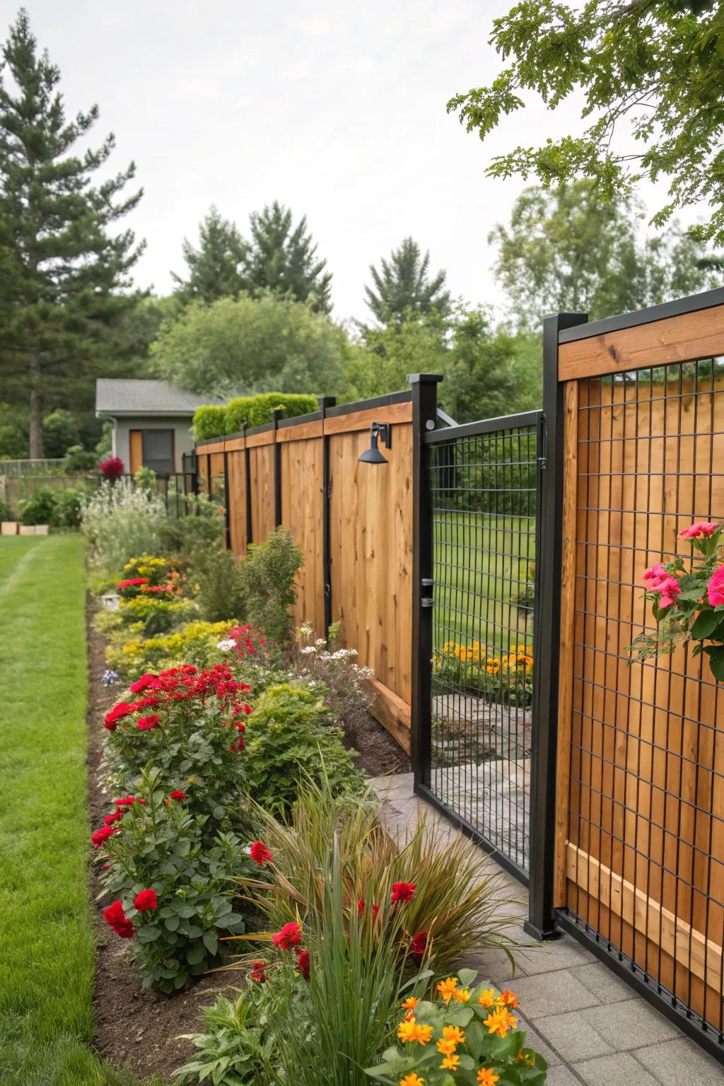 An amalgamation of timber and metal substances culminates in a distinct fence blueprint.