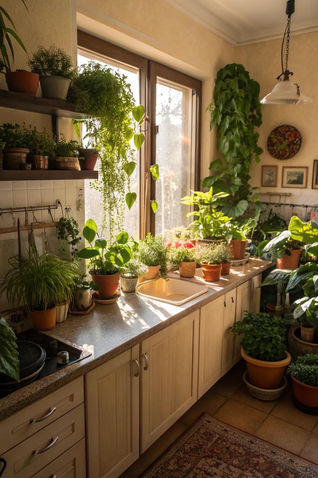 Integrate plants for a revitalizing and vibrant kitchen atmosphere.