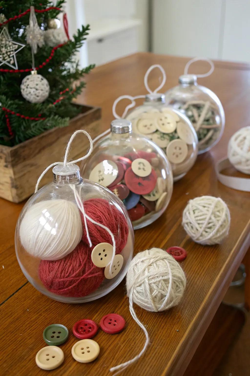 Artisanal-themed ornaments with fasteners and threads.