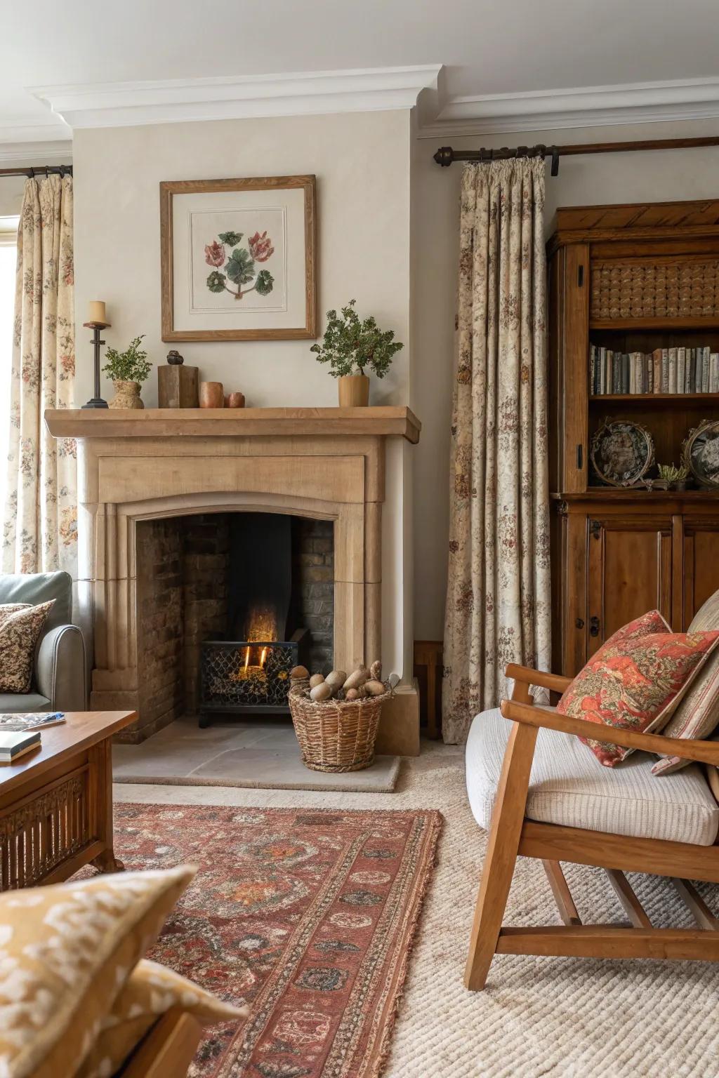 A living space displaying a textural fusion of timber and textiles around the fireplace nook.