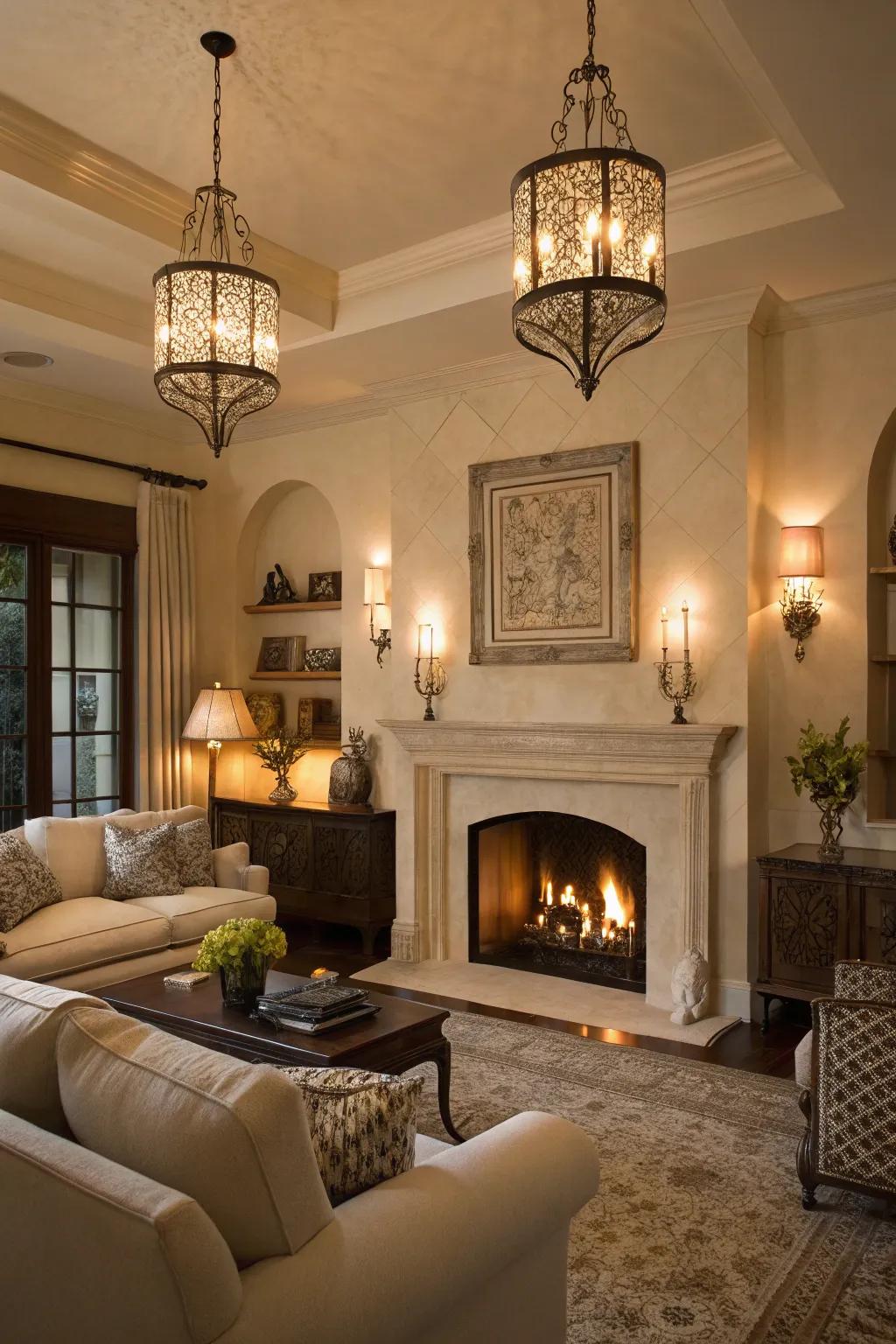 Lighting fixtures contribute warmth and focus to the fireplace area.