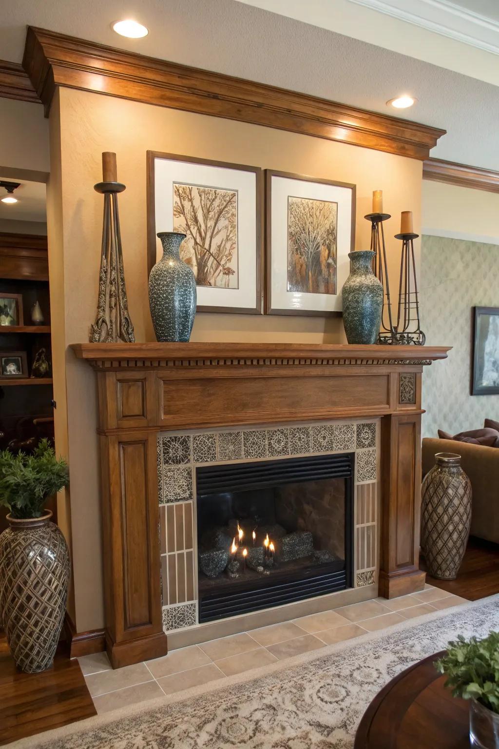 A blend of styles offering a unique twist to the mantel decor.