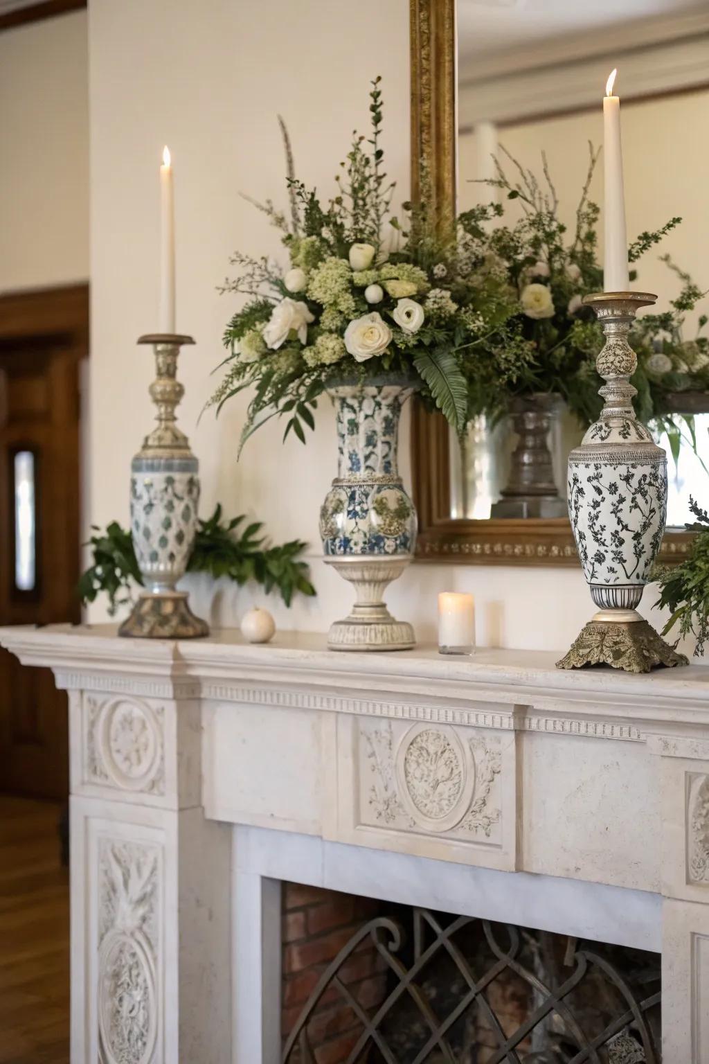 A symmetrically designed mantel that offers a sense of balance and sophistication.
