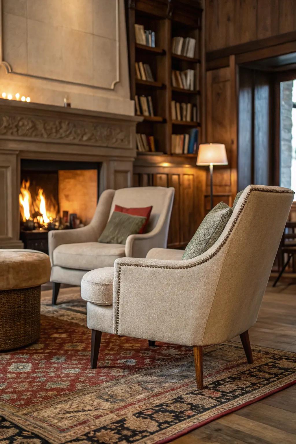 Plush seating and soft fabrics invite relaxation by the fire.