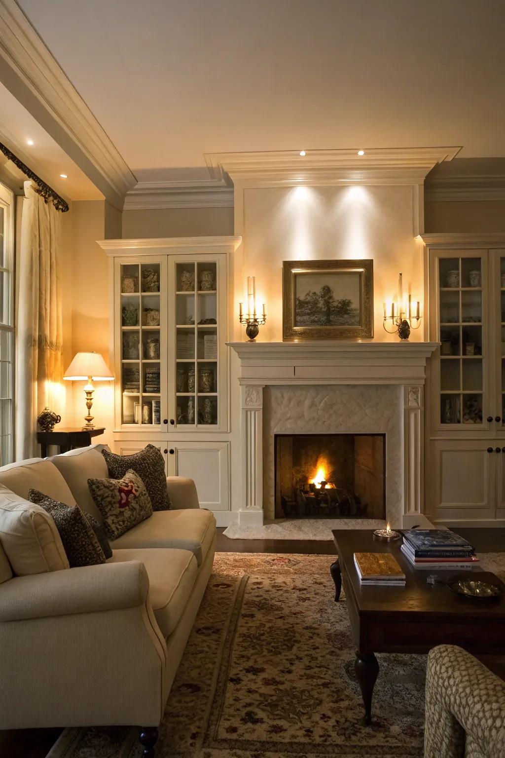 Soft lighting enhances the presentation and atmosphere of your fireplace cabinets.