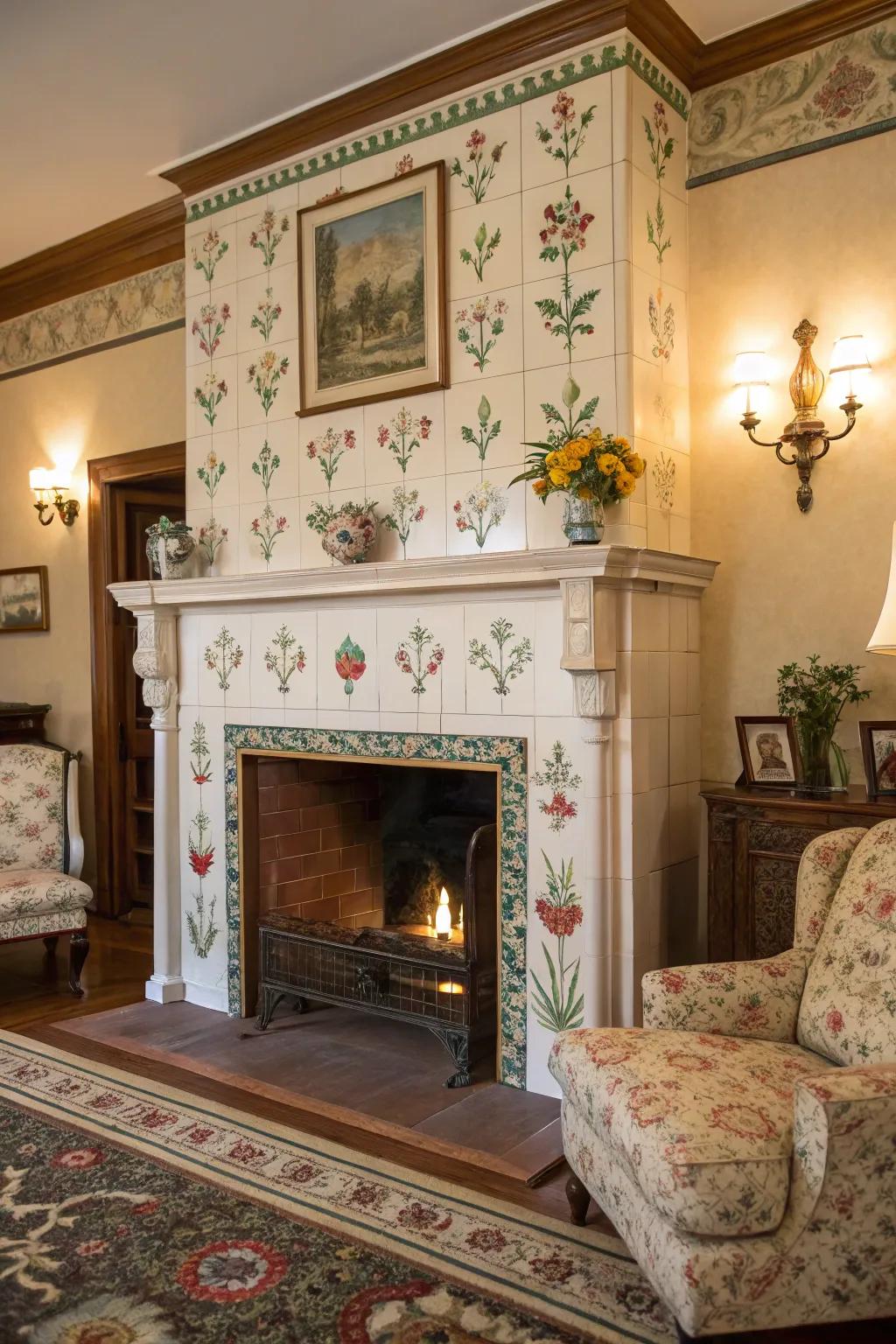 Hand-painted cladding turns this fireplace into a unique work of art.