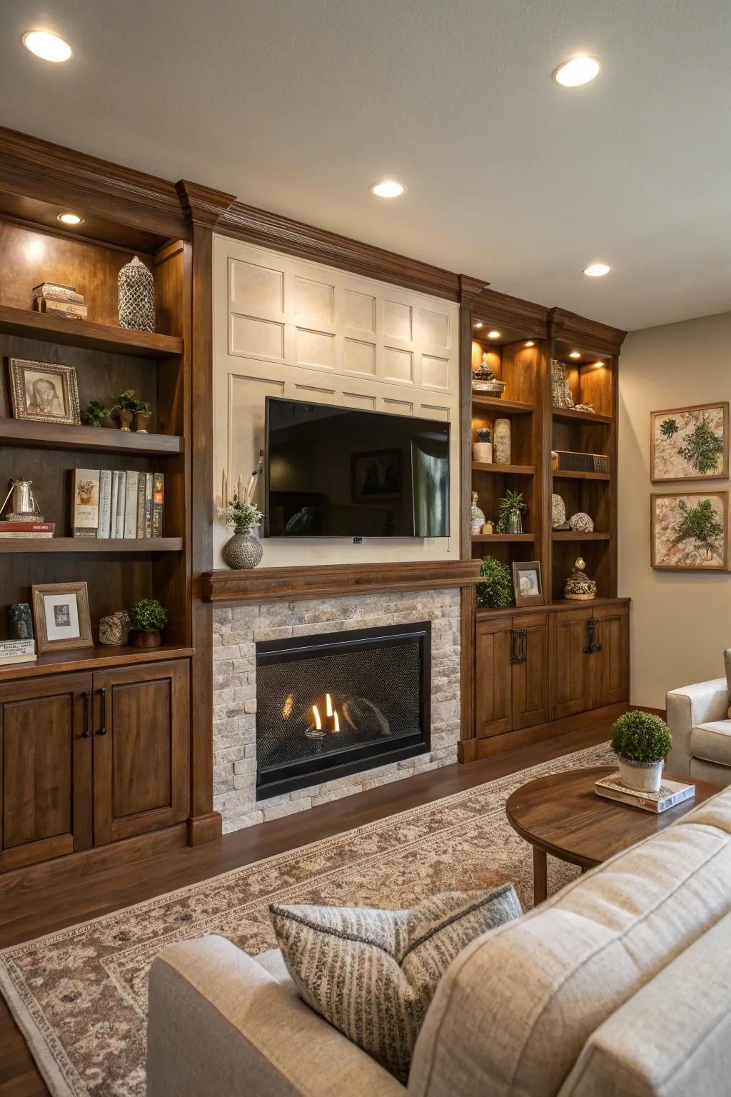 Enhance your fireplace wall featuring integrated shelves that combine flair and storage.