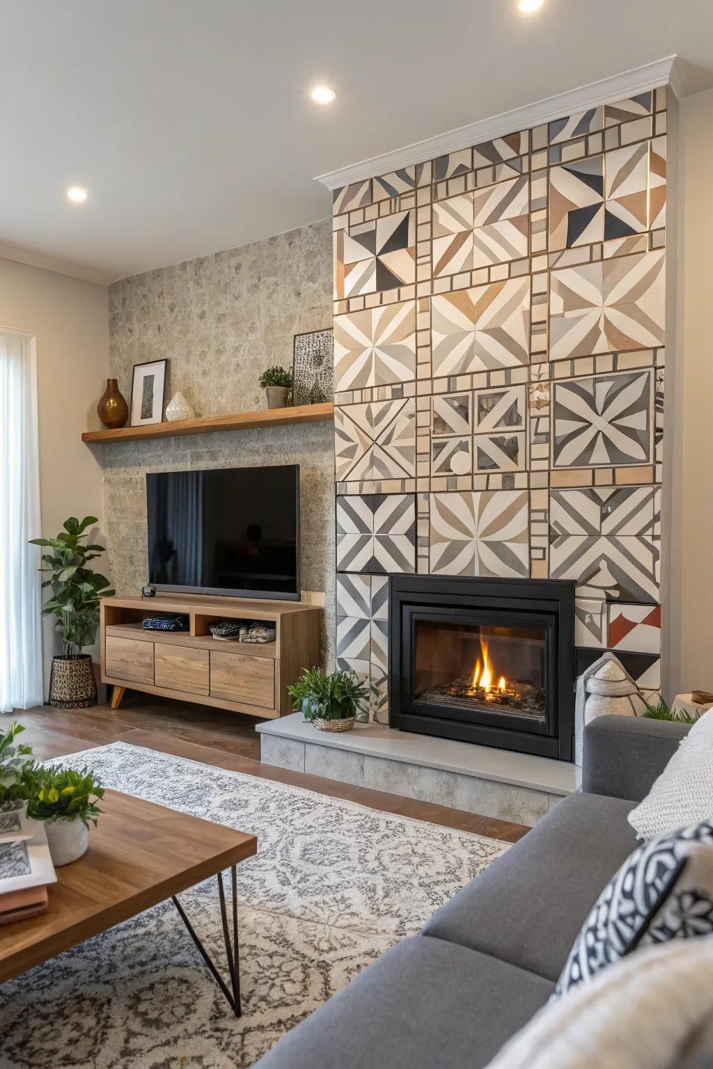 Geometric floor tiles bring a modern revision for this fireplace structure.