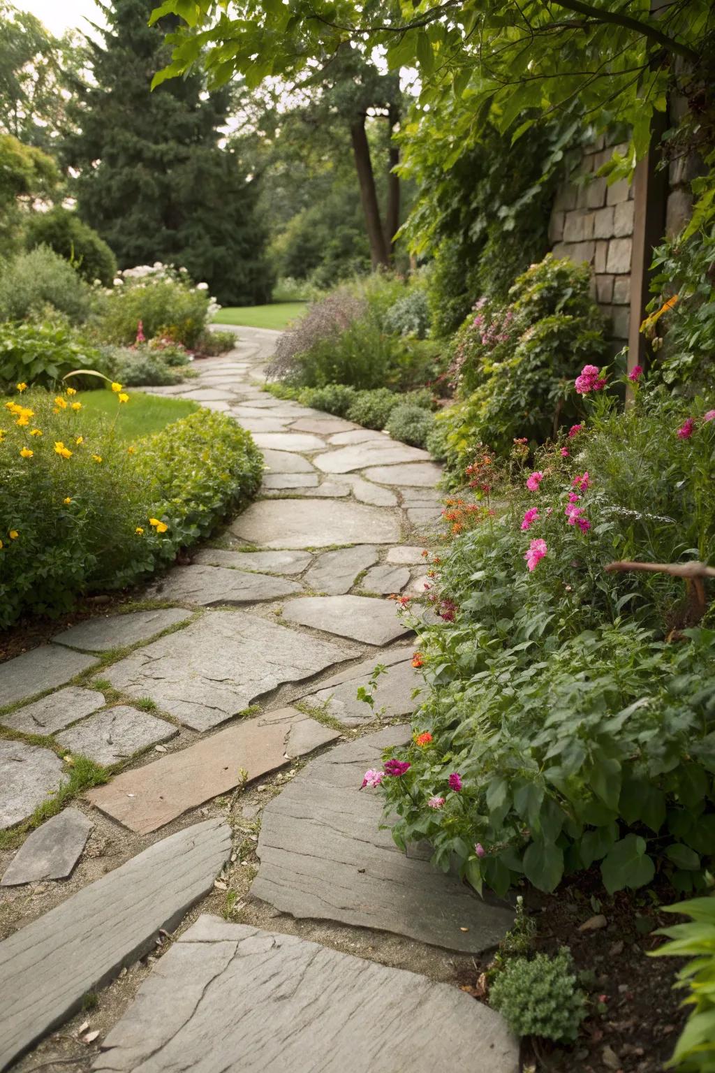 Plants beautifully integrated into a slate path, adding vibrancy and life.