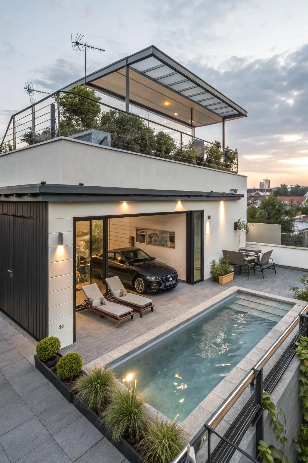 A rooftop pool on a flat roof garage is the epitome of luxurious living.