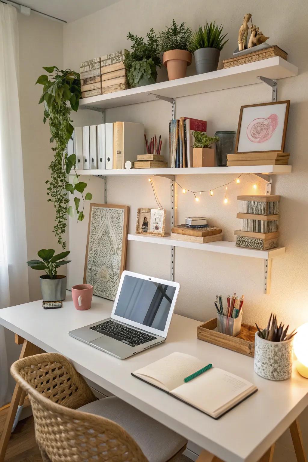 Decorative ledges above a desk craft a productive and inspiring area.