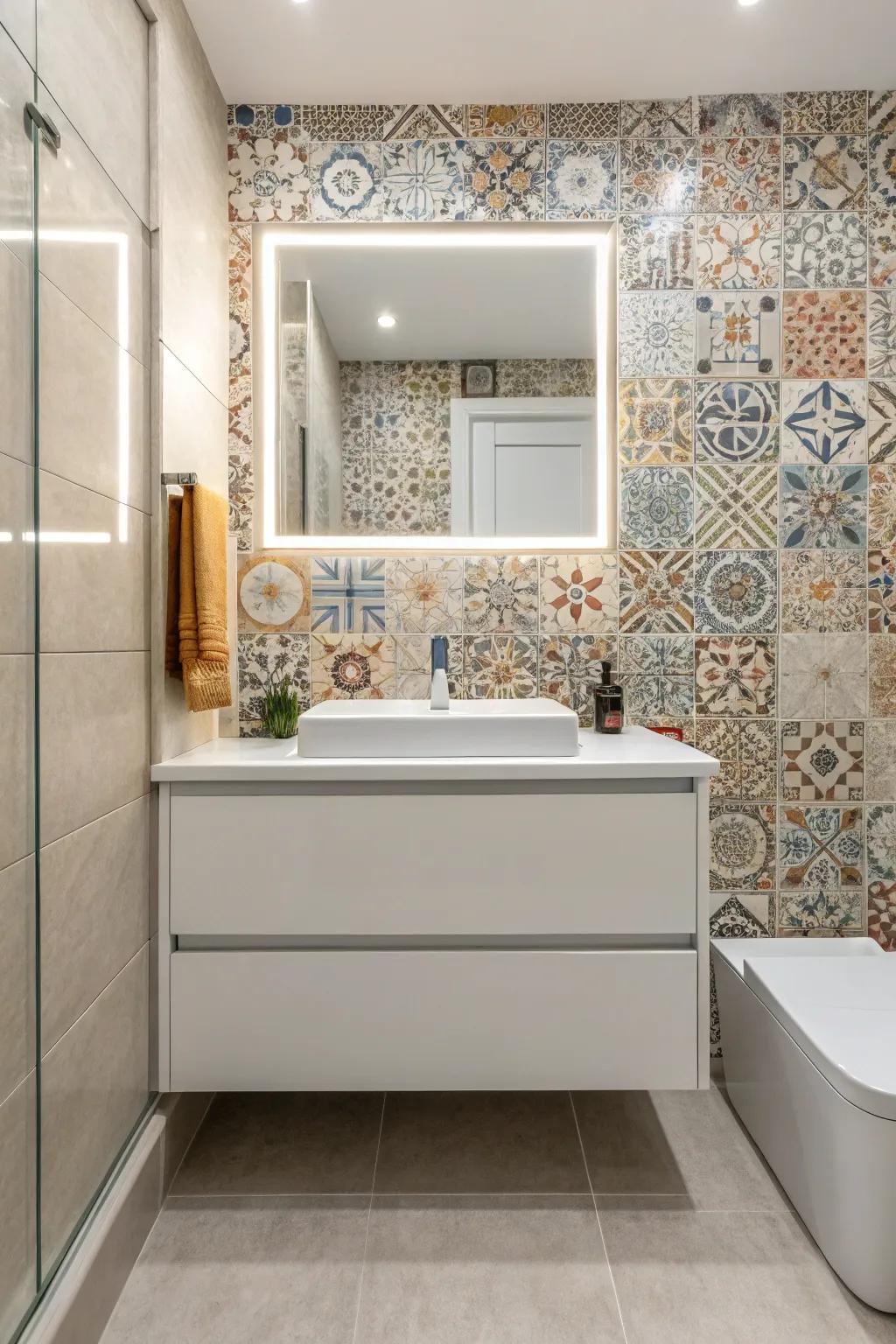 A bathroom presenting a floating vanity and a textured tile wall contributing vibrant features.