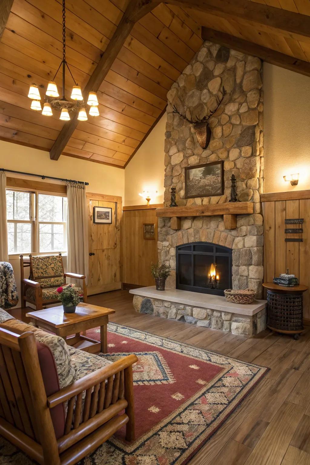 A warm rustic room with a wood-paneled floor-to-ceiling fireplace.