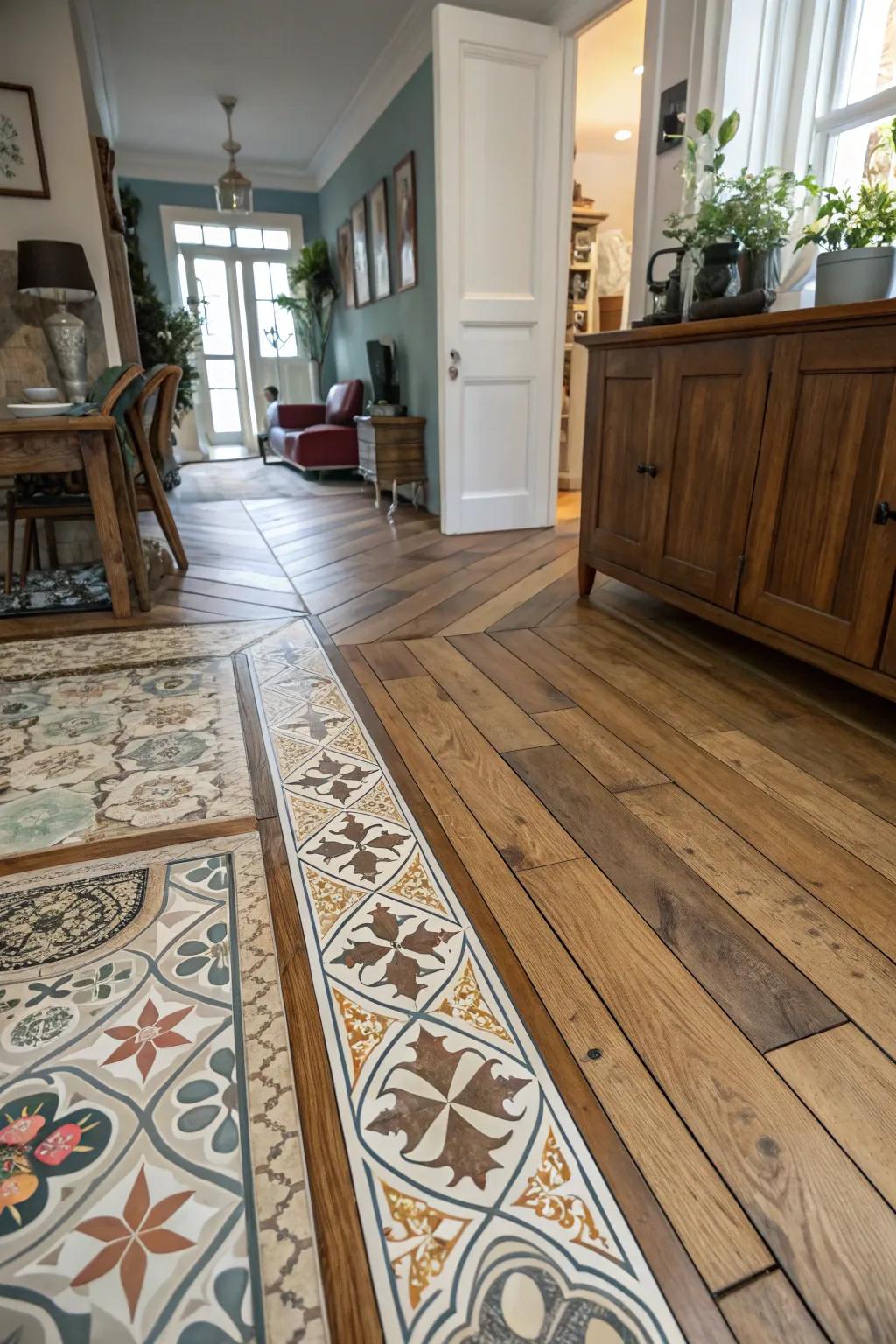 Decorative pattern transition infuses personality into the floor.