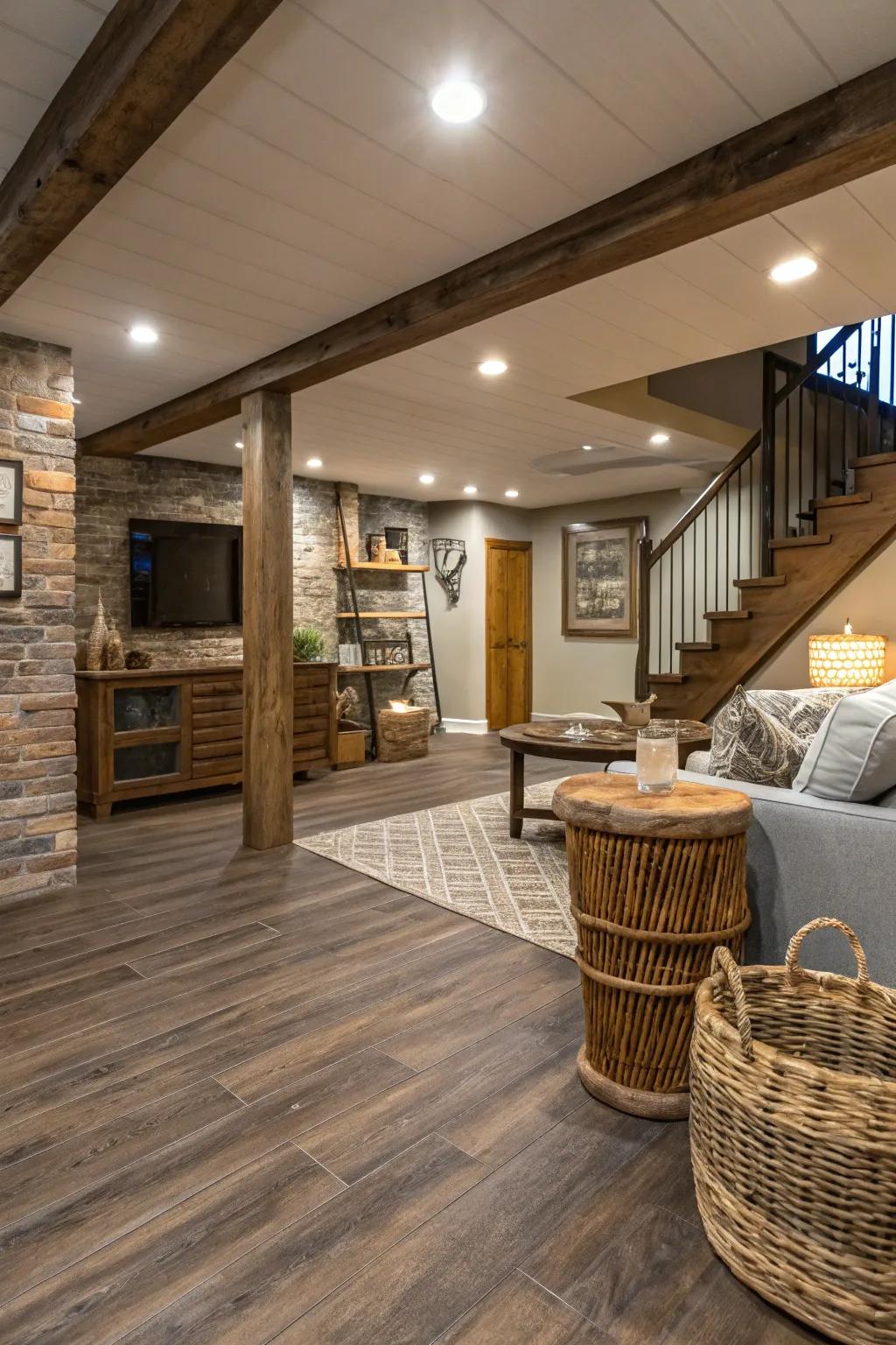 Wide plank vinyl flooring merges rustic appeal with contemporary design.