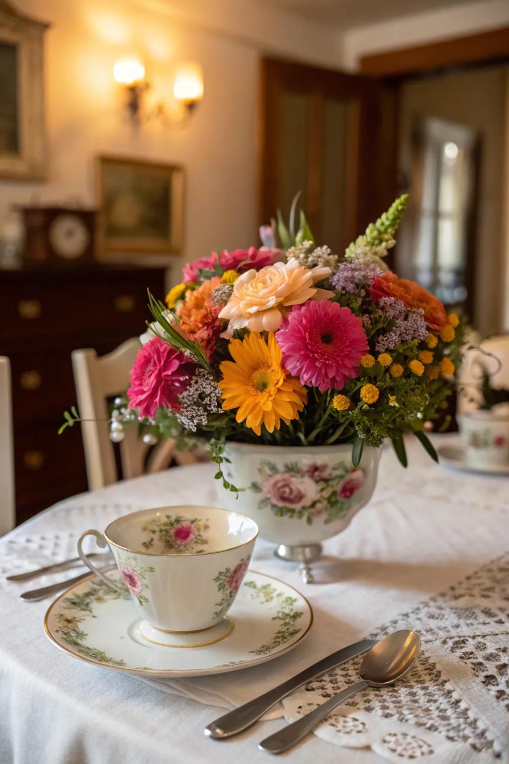 Whimsical floral arrangement showcased inside a vintage tea set, ideal for injecting charm to any gathering.