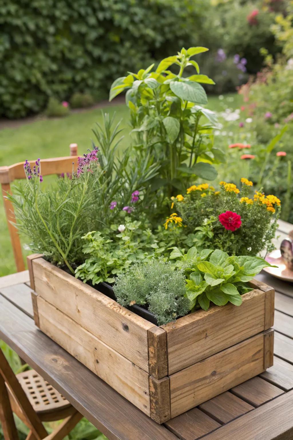A botanical-theme arrangement displayed within a rustic cultivation box.