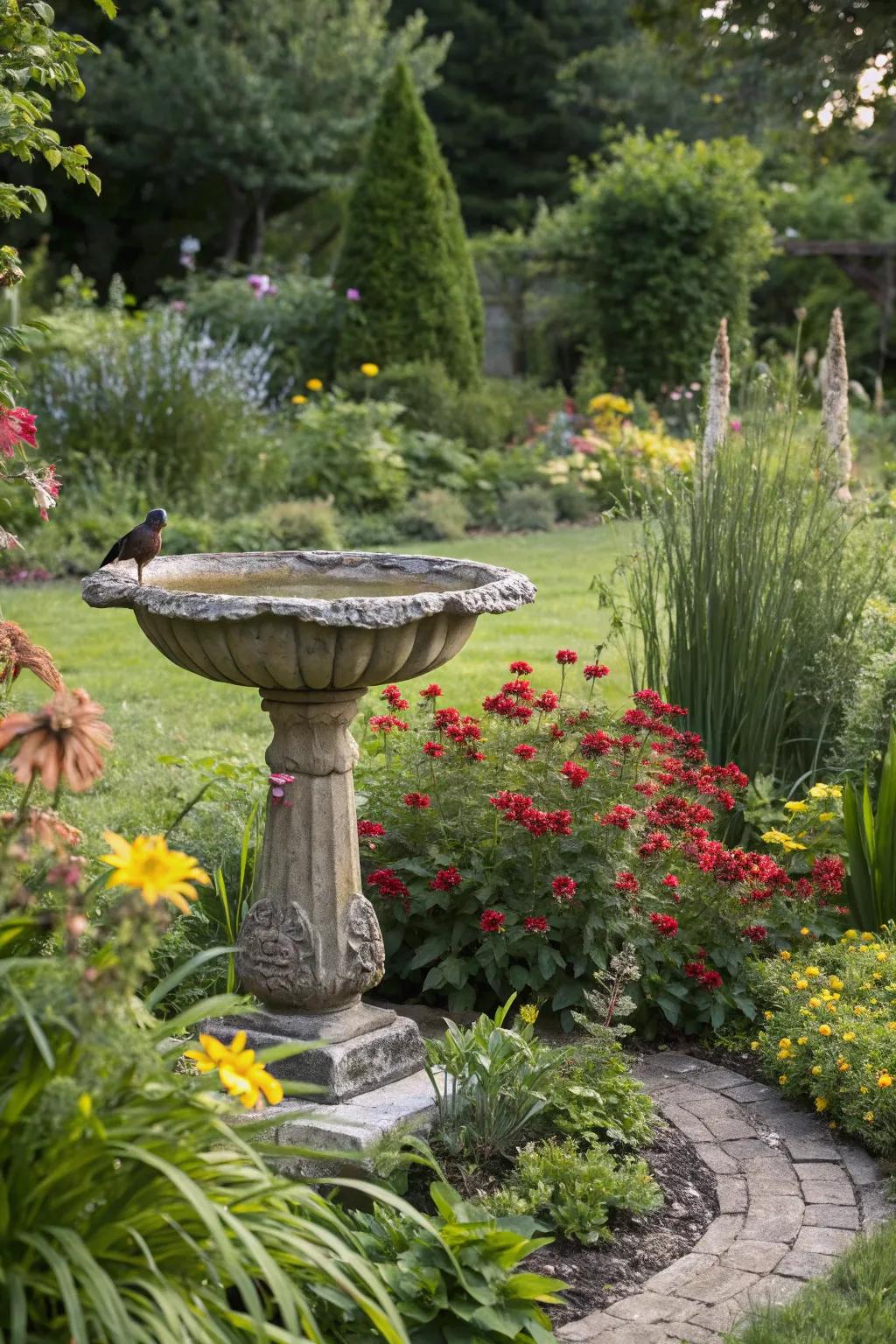 Ornamental accents amplify the charm of this garden.