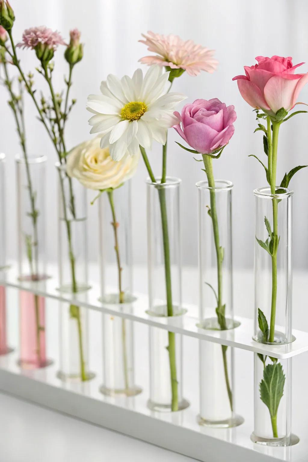Highlight individual blossoms with minimalist test tube vases.