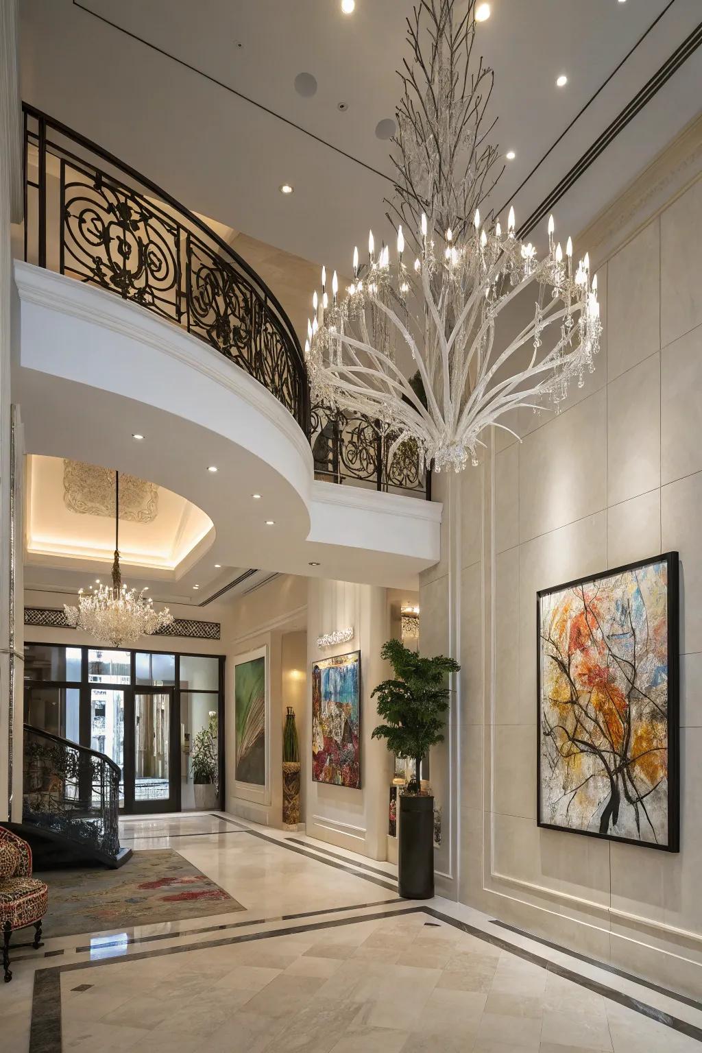 An art-inspired chandelier adds a bold impression to this contemporary entrance hall.