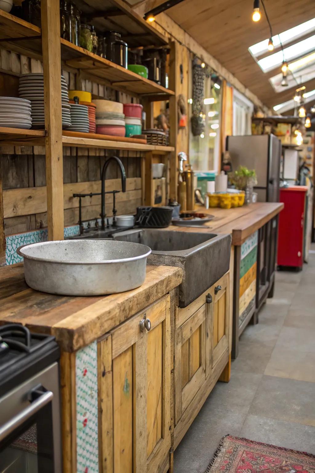 An eclectic kitchen that mixes materials with a freestanding sink.