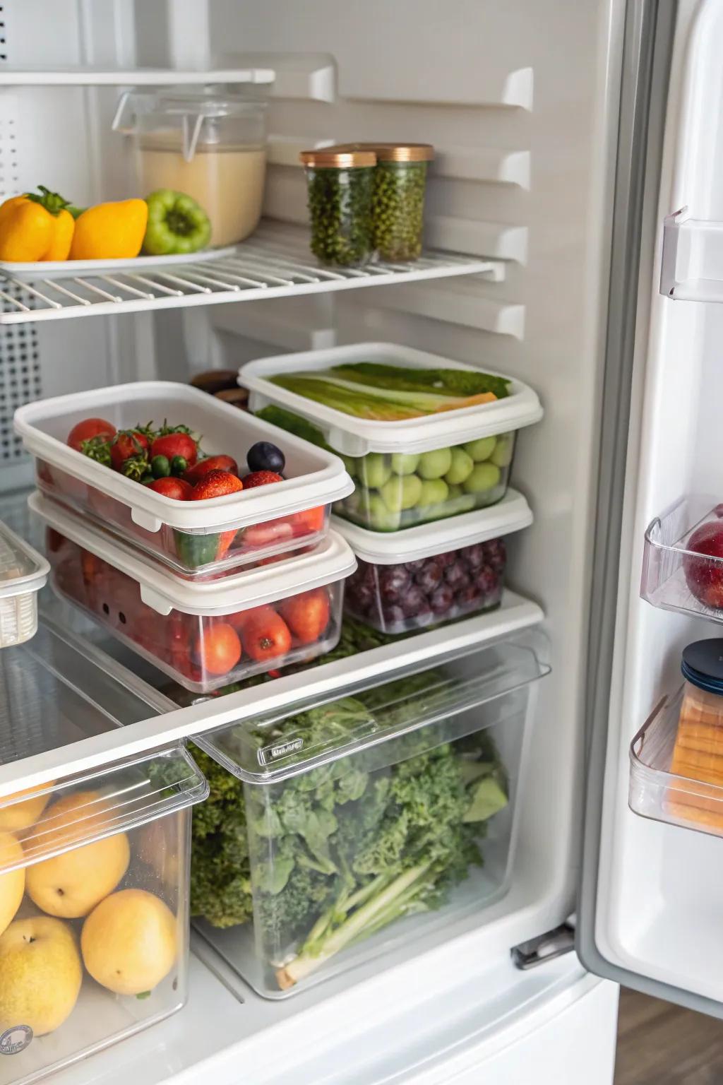 Stackable bins add extra storage space within the fridge.