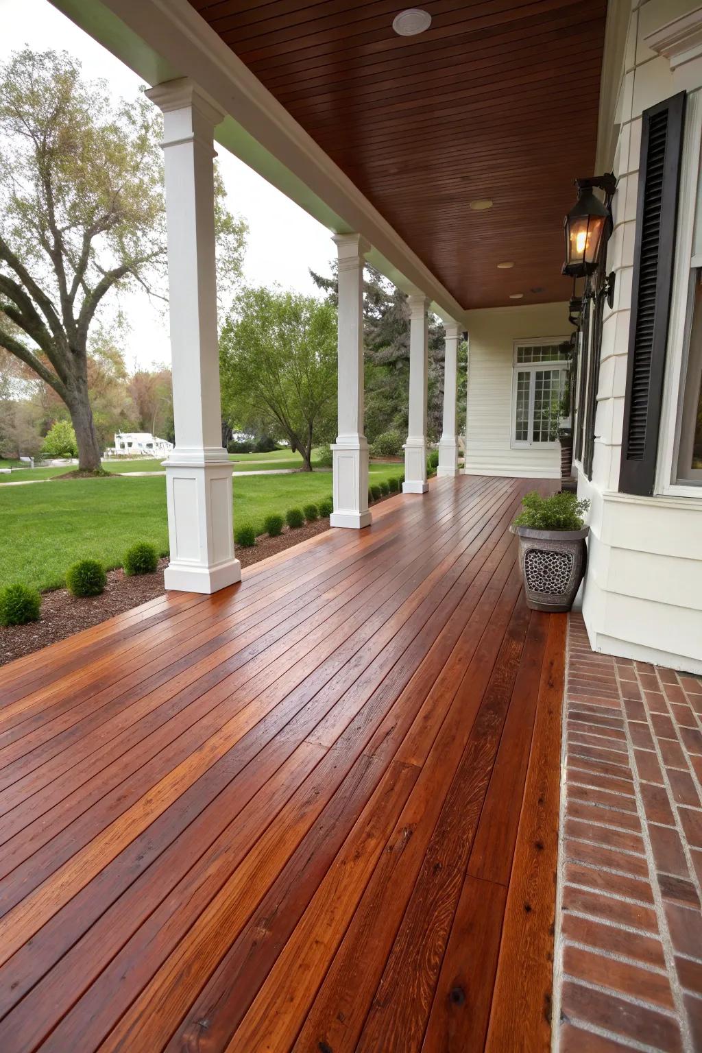 Redwood offers natural beauty and resilience for porch flooring.
