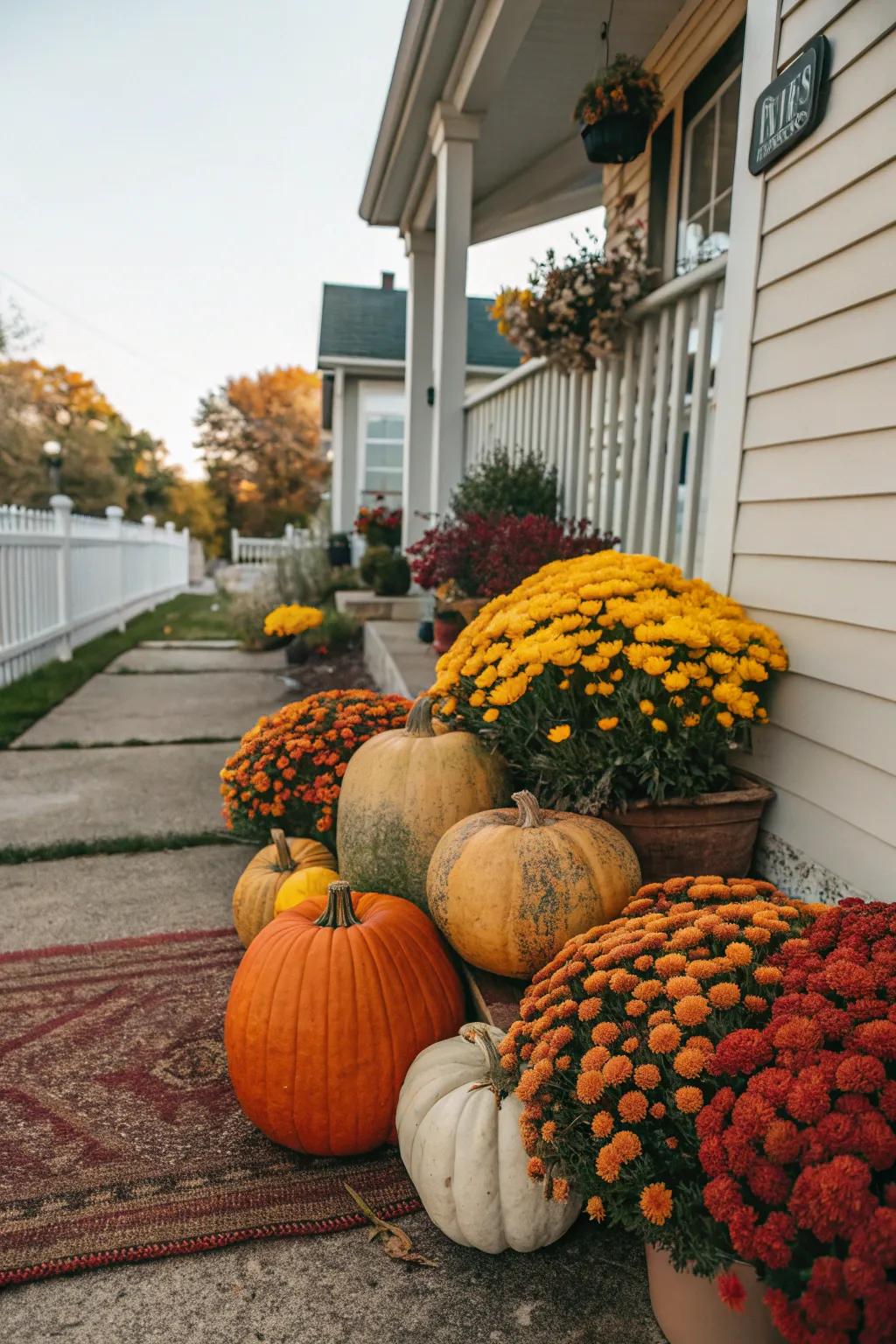 Pumpkins and flowers compose a vibrant, appealing porch exhibit.