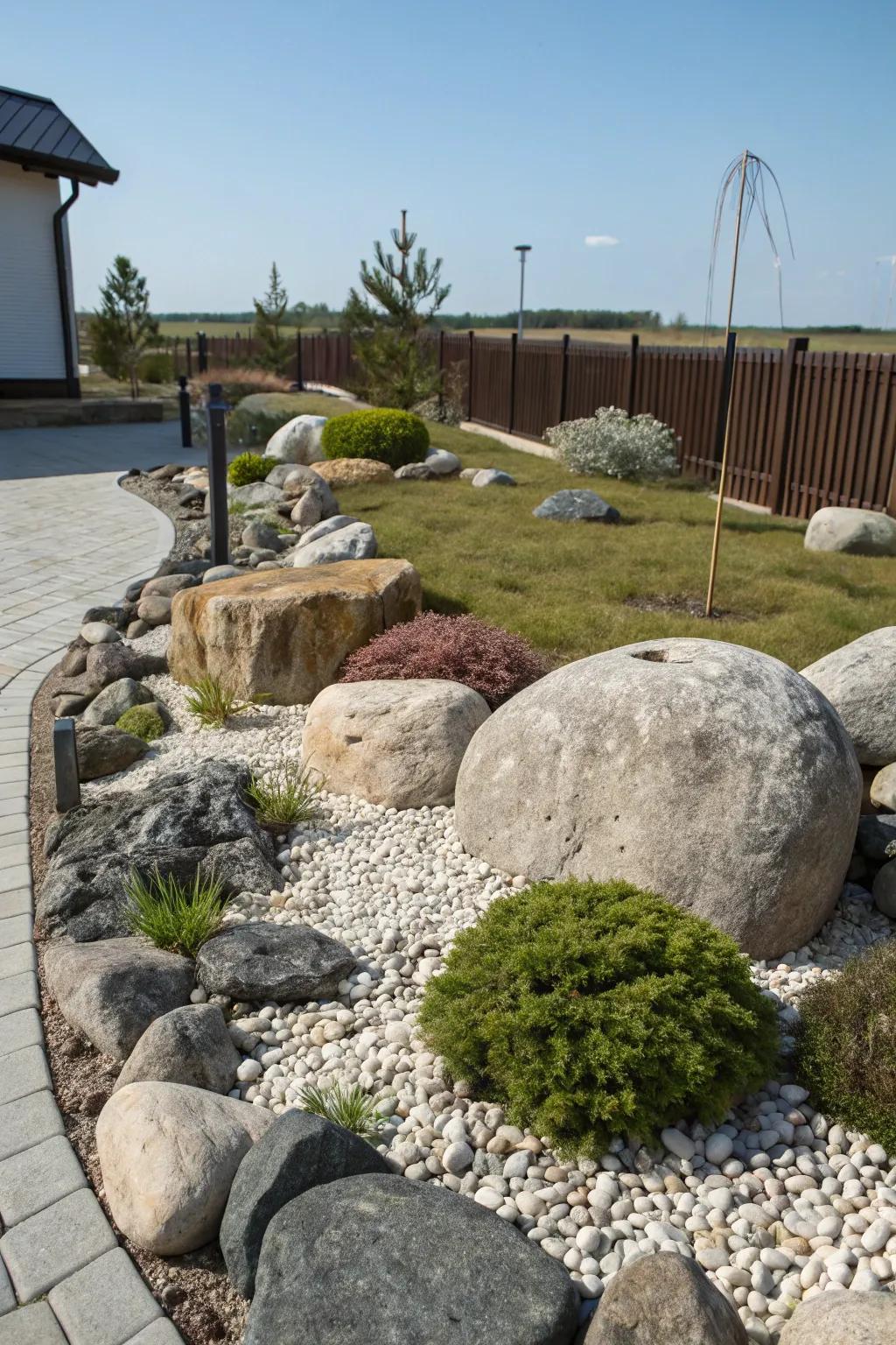 A rock garden displaying a mix of pebbles, rocks, and crushed stones.