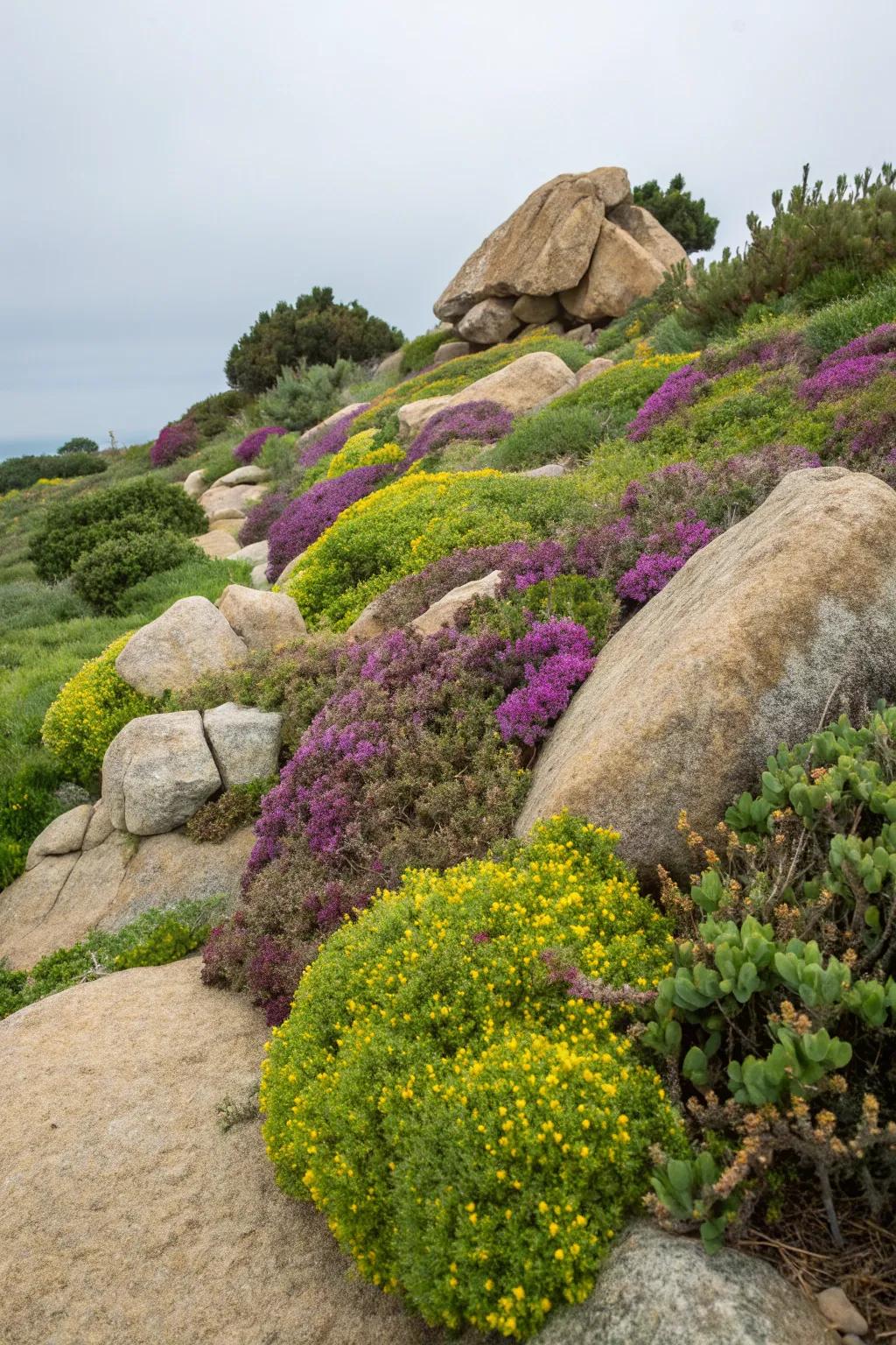 Bright colors meet earthy stones for a striking effect.
