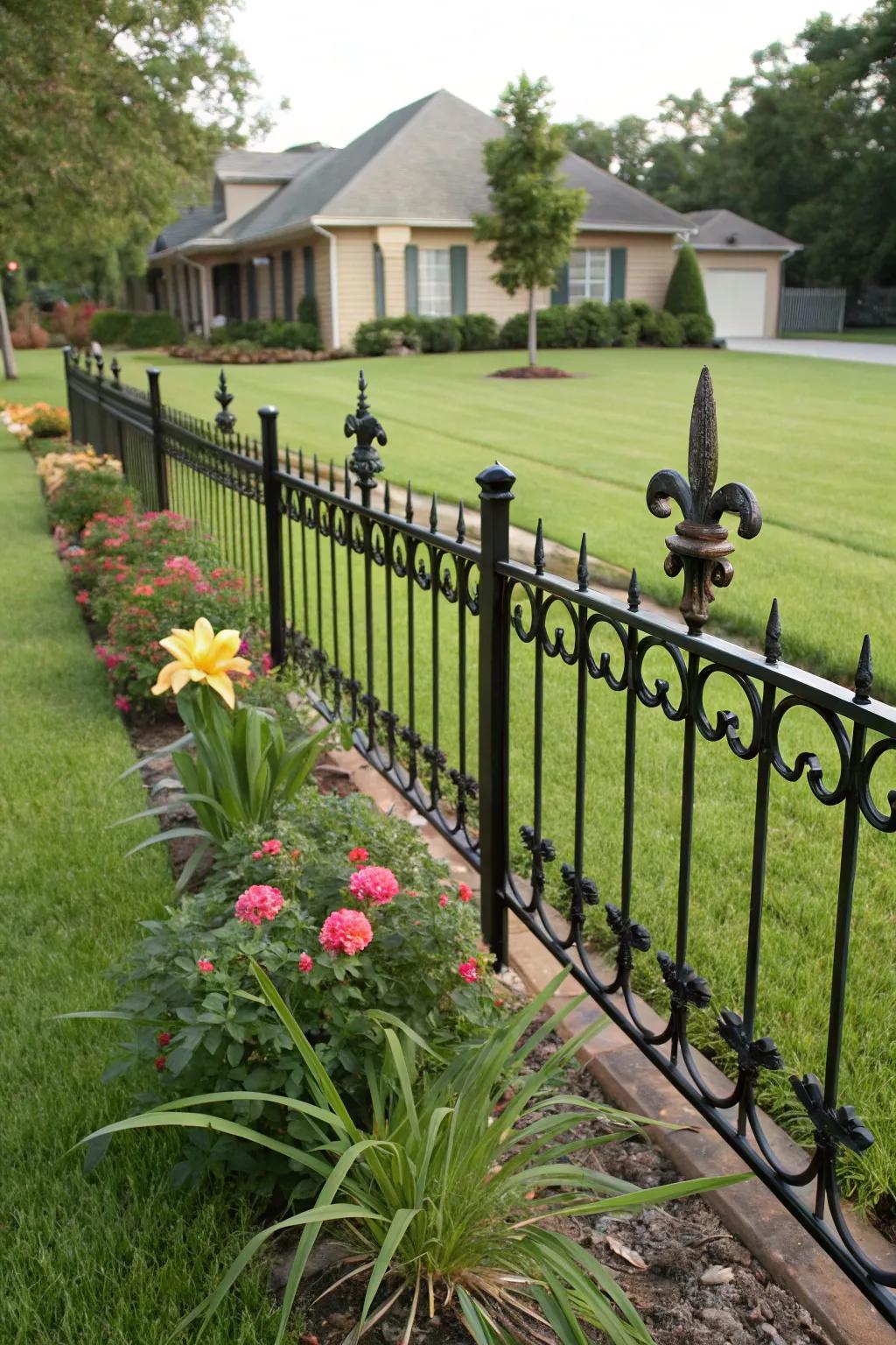 A decorative metal fence with Floral Emblem design elements offering a regal touch.