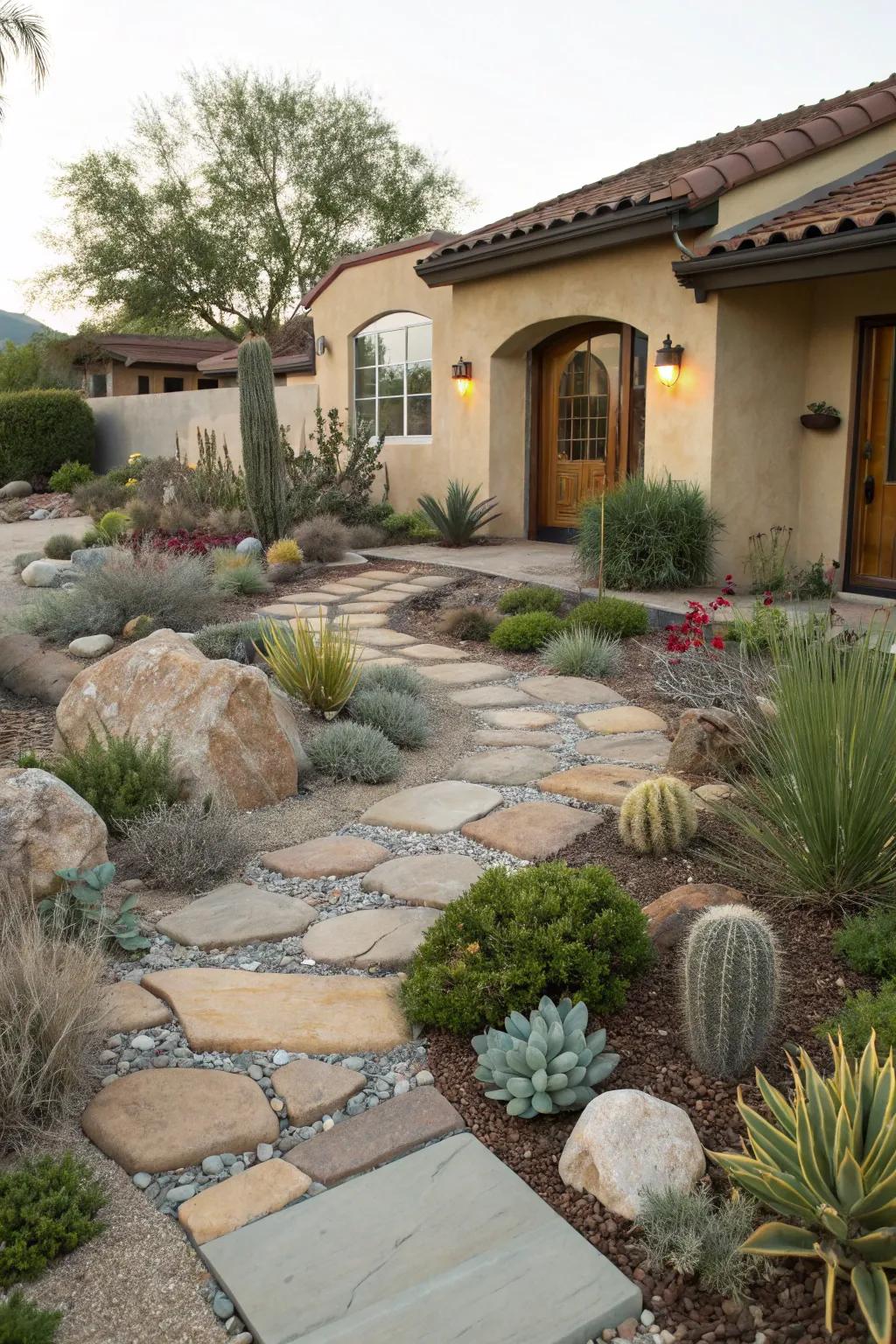 Stone corridors imbue direction and charm in xeriscape gardens.