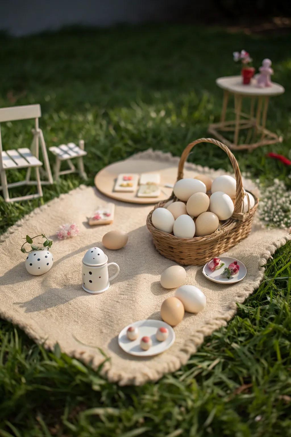 A whimsical picnic scene displaying egg figures.