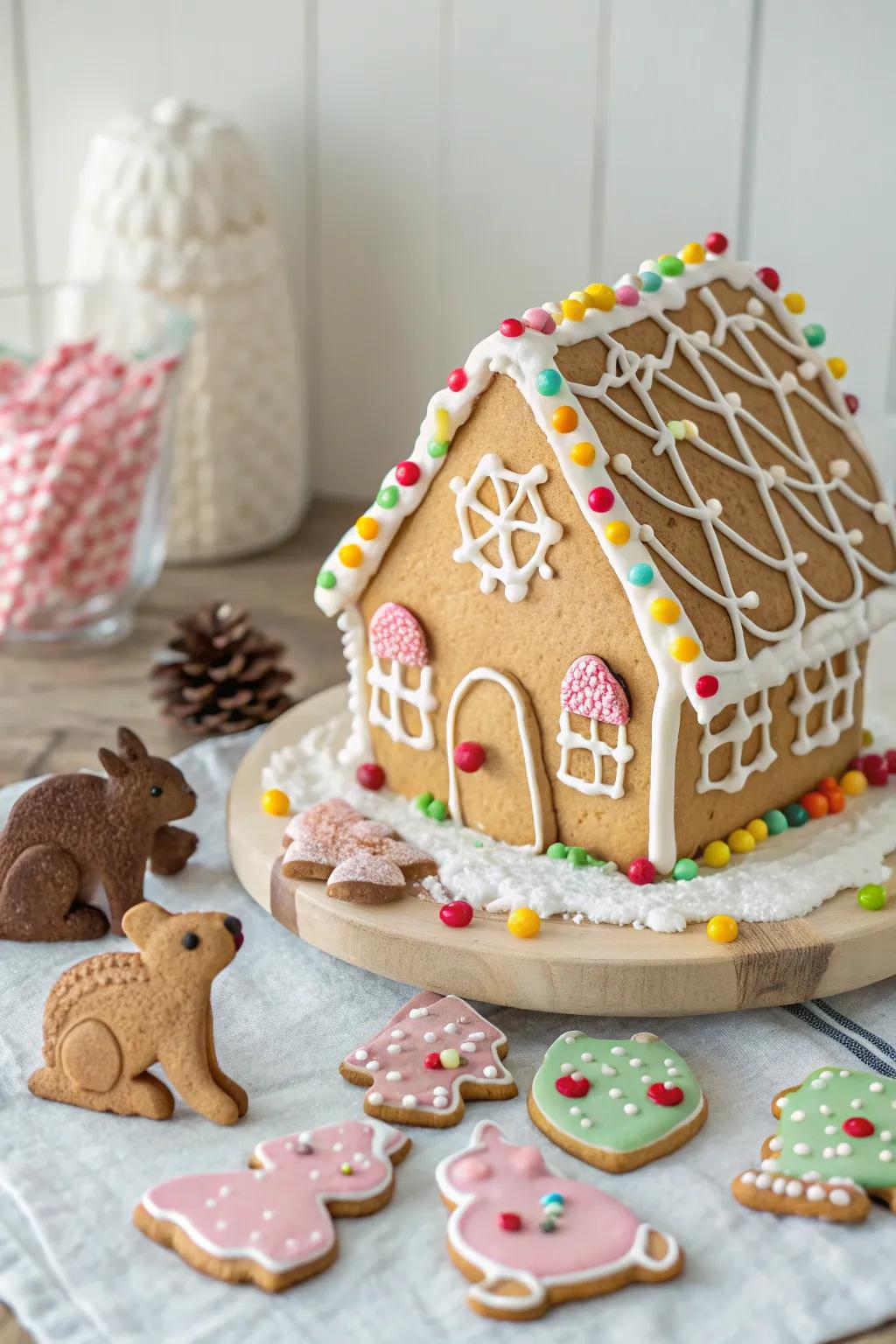 A gingerbread house accompanied by a biscuit menagerie