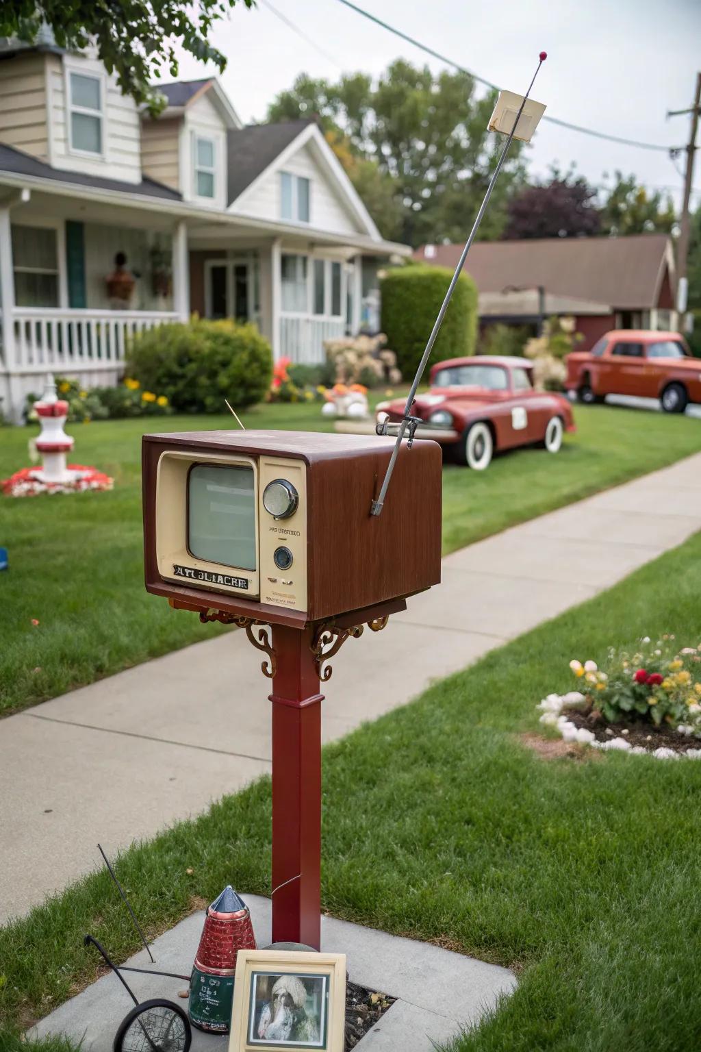 A retro television mailbox broadcasting ingenuity and nostalgia.