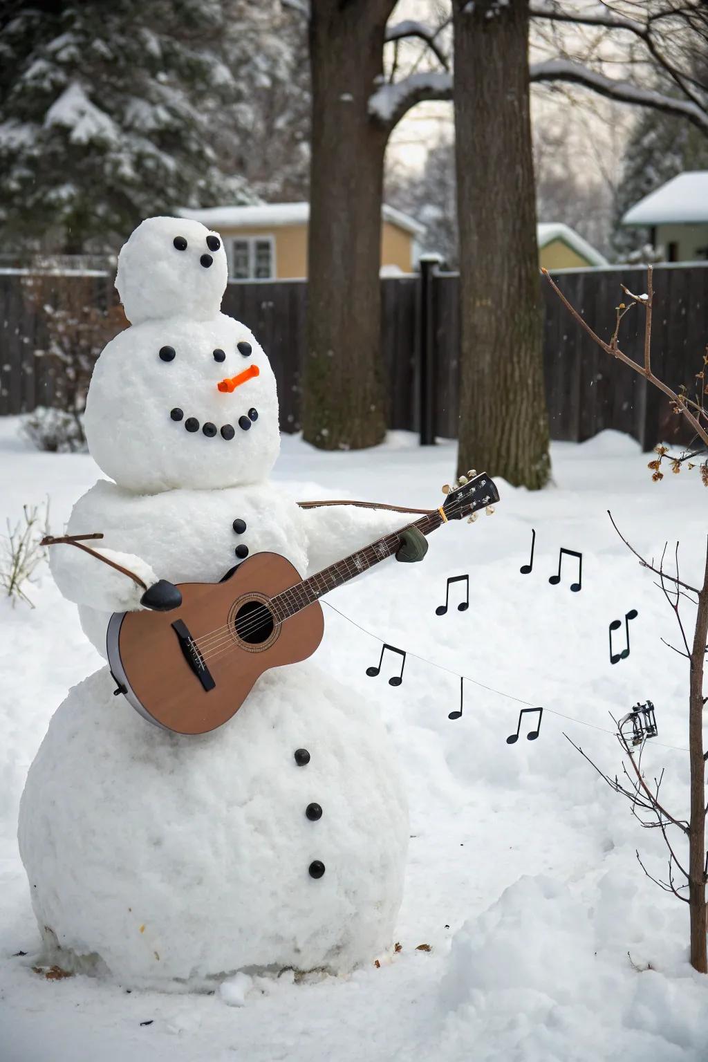 A snow figure jamming to winter tunes.
