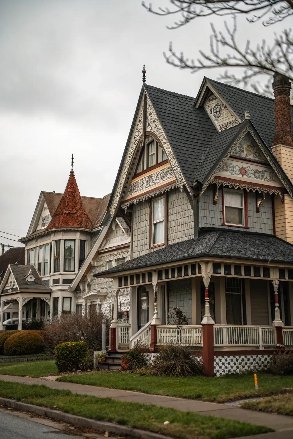 Asymmetrical gable patterns contribute distinctive flair.