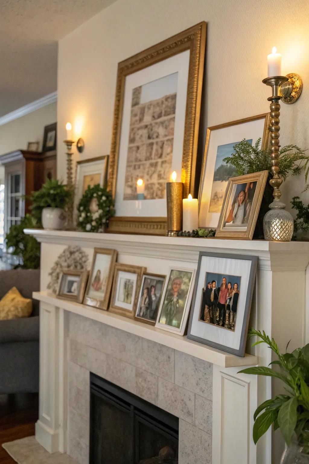 Overlapping frames introducing richness and texture on a mantelpiece.
