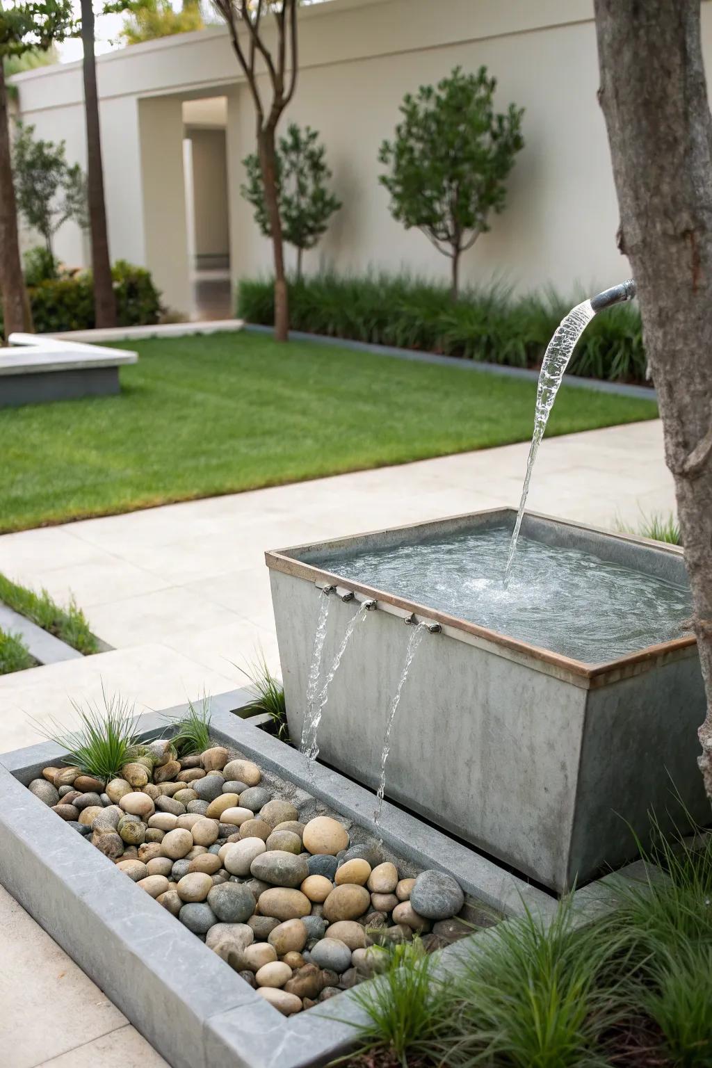 A modern spout transforms a galvanized container into a minimalist fountain.